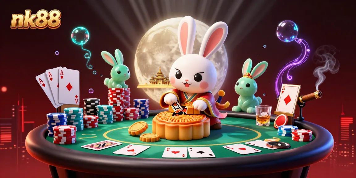 Engage in a thrilling nk88 casino experience with a moon rabbit and poker elements in a vibrant scene.