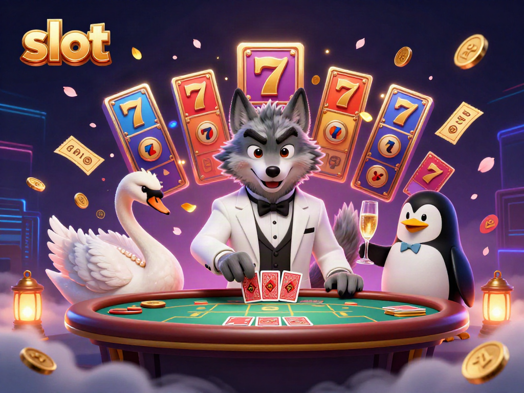 Engaging 3D slot scene featuring cartoon wolf, swan dealer, and penguin sommelier with vibrant slot elements.