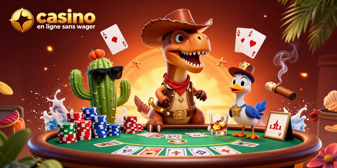 Adoptez une stratégie gagnante au casino en ligne sans wager avec une illustration dynamique d'un T-Rex et ses amis.