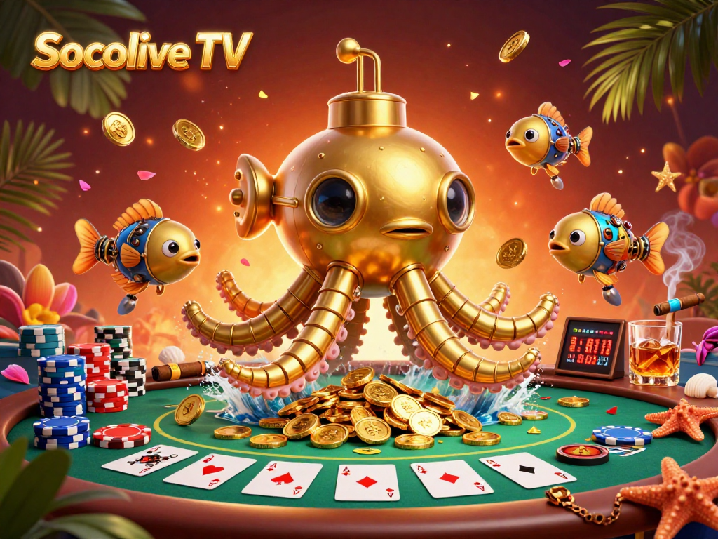 Socolive TV brings excitement to the table with a vivid poker scene featuring a kraken and mechanical fish.