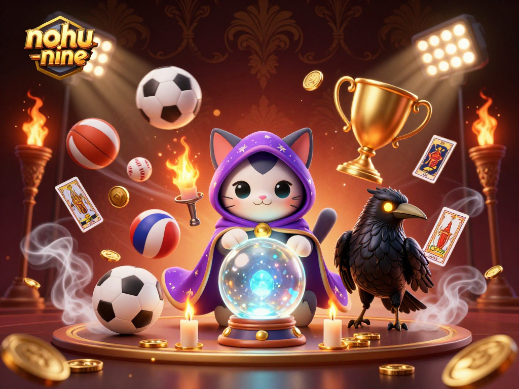 Engage with nohu-nine's vibrant online casino action featuring a mystical cat and raven.