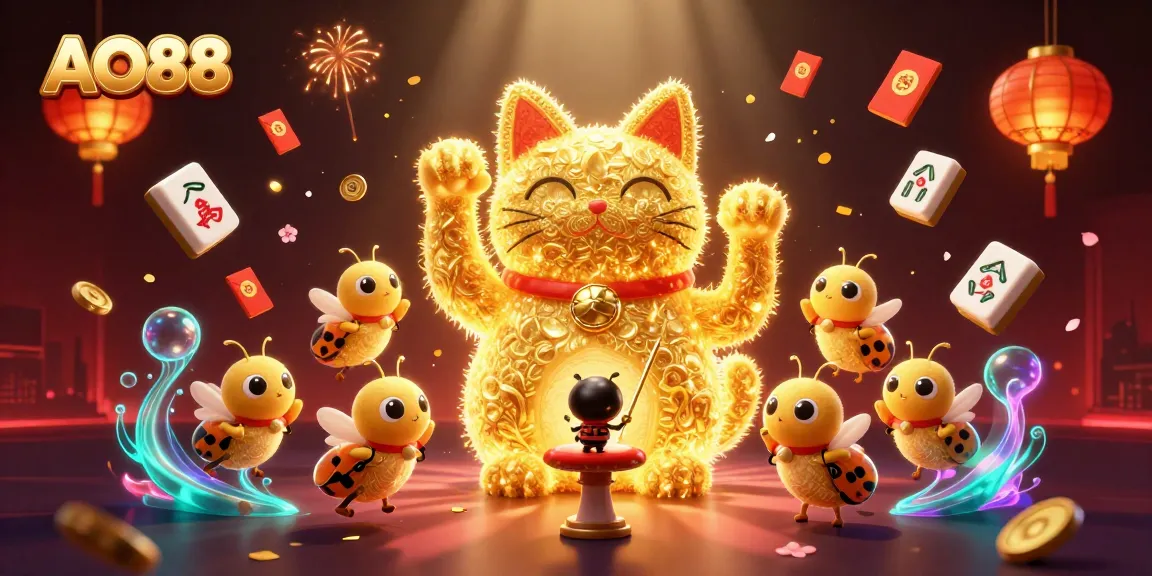 Experience the magic of AO88 with golden fireflies, a lucky cat, and vibrant casino elements.