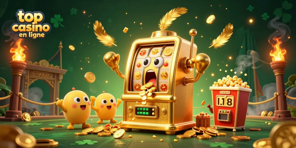 Gagnez au top casino en ligne avec une machine à sous dorée créant un jackpot avec des pièces d'or.