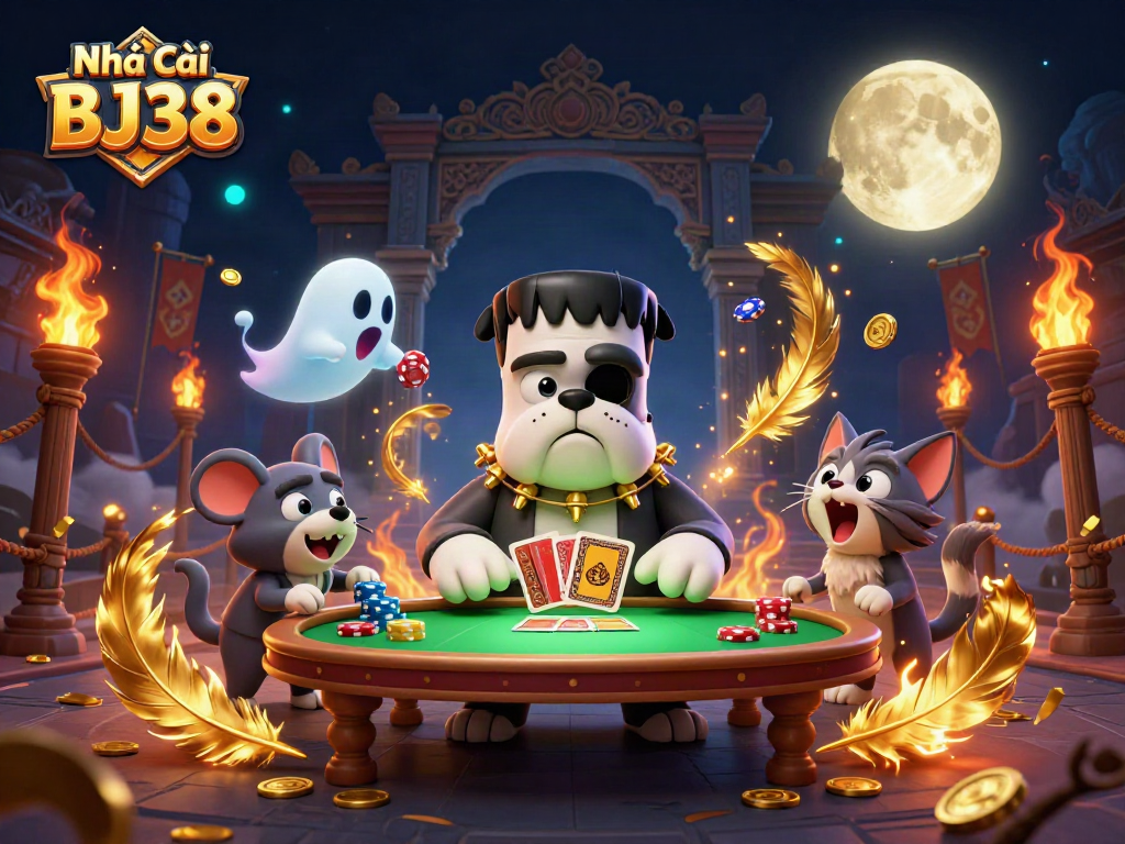 Engage in thrilling games at Nhà cái BJ38 with a spooky card dealer and magical elements.
