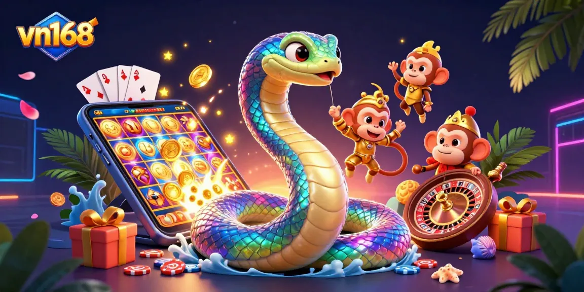 Experience vibrant 3D vn168 casino magic with a playful monkey king and rainbow serpent.