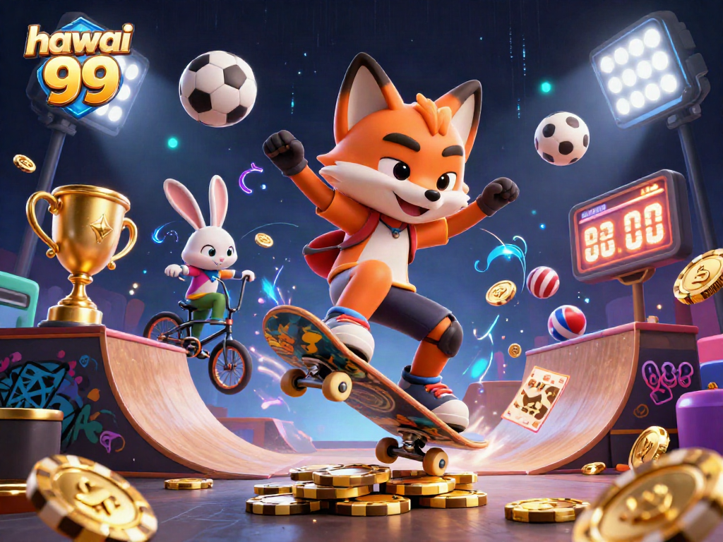 Experience the high-energy action of hawai 99 with a fox and rabbit in a dynamic casino-themed scene.