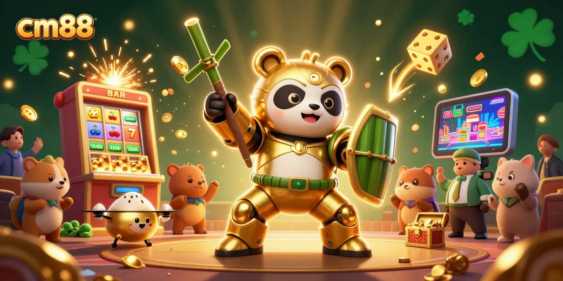 Experience exhilarating action at cm88 with a golden panda in a mech suit amidst a dynamic casino arena.