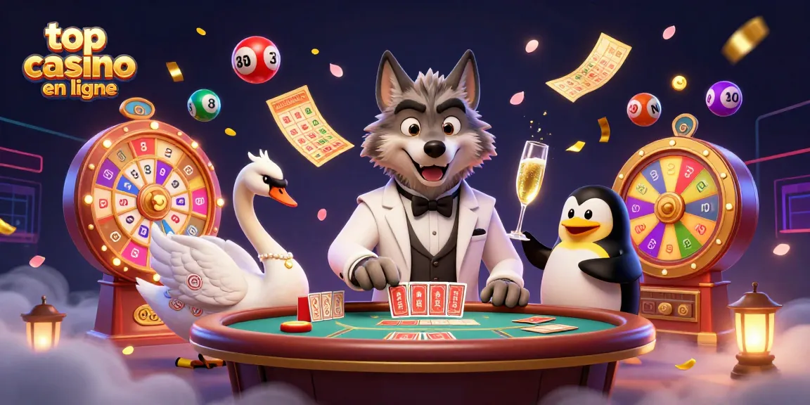 Jouez dans un top casino en ligne avec un loup élégant à une table de baccarat, une cygne distribuant les cartes.