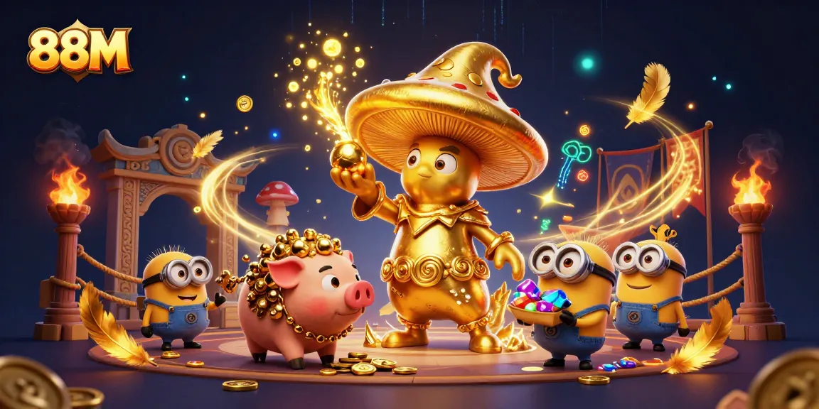 88M gaming scene with a golden mushroom wizard channeling magic amidst lush casino elements.