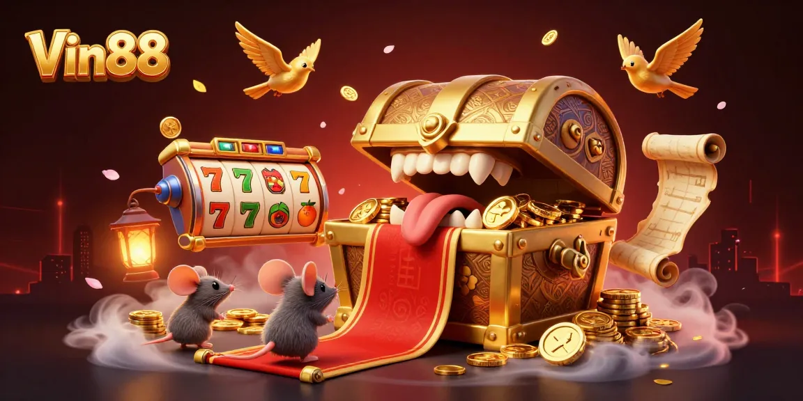 Experience Vin88's thrilling jackpot excitement with a dynamic scene of a treasure chest and vibrant gaming elements.
