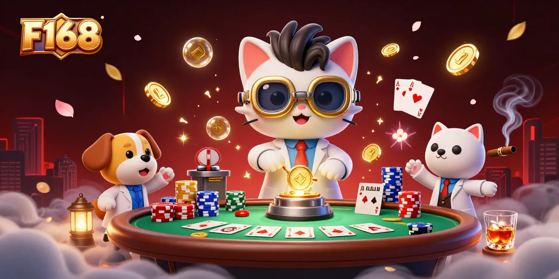 Experience F168's thrilling gambling atmosphere with a mad scientist cat and poker elements.