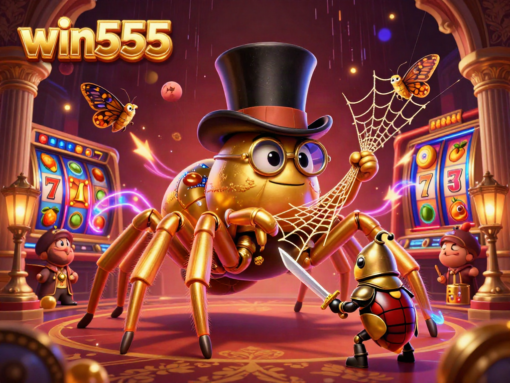 Experience thrilling gameplay with win555's giant tarantula and knight in a vibrant casino setting.
