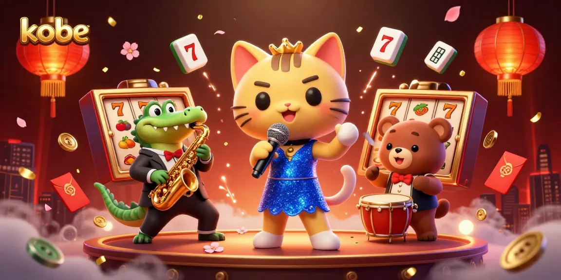 Kobe-themed casino illustration featuring a jazz-singer cat, saxophone crocodile, and drum bear cub amidst vibrant gaming elements.