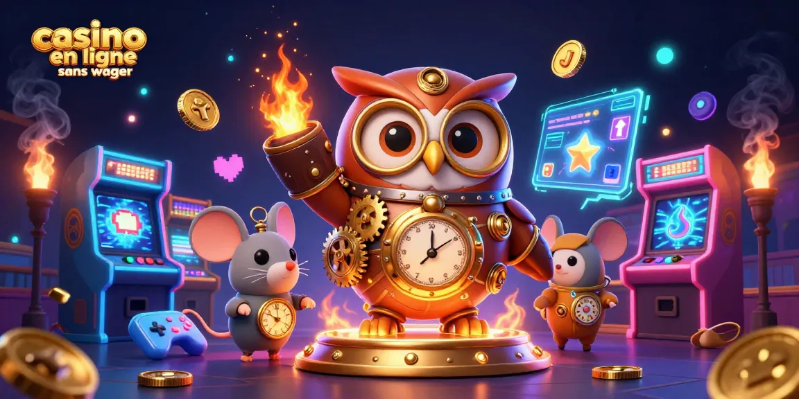Cliquez sur les jackpots sans wager dans un casino en ligne sans wager avec notre hibou voyageur dans un décor futuriste.