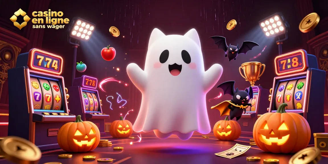 Une scène colorée de casino en ligne sans wager avec un chat fantôme et des lumières brillantes.