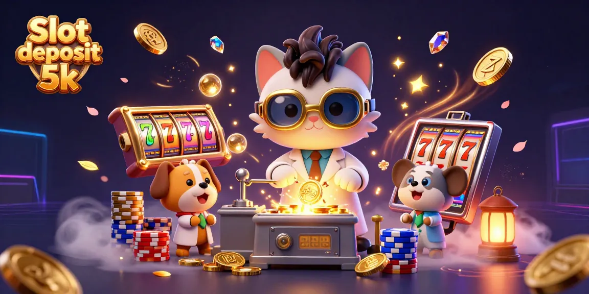 Slot deposit 5k: Kucing ilmuwan gila sedang menciptakan mesin replikasi koin emas di kasino yang dikelilingi koin dan permata.