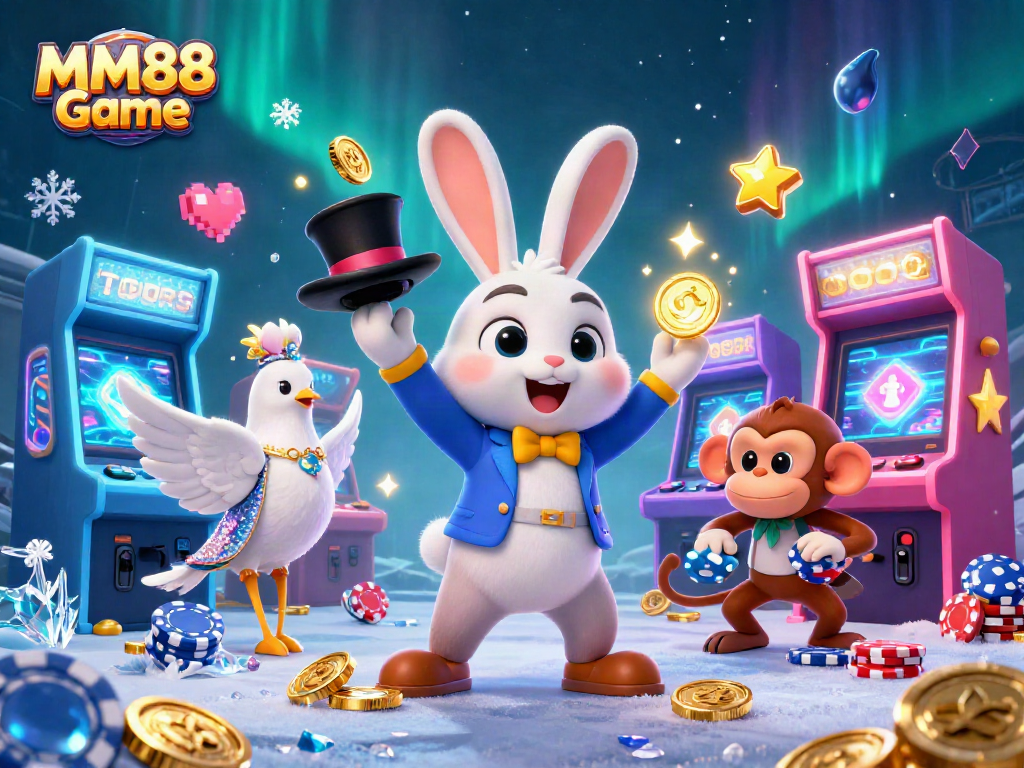 Join the magic of MM88 Game as the rabbit pulls coins while the monkey celebrates in a lively casino setting.