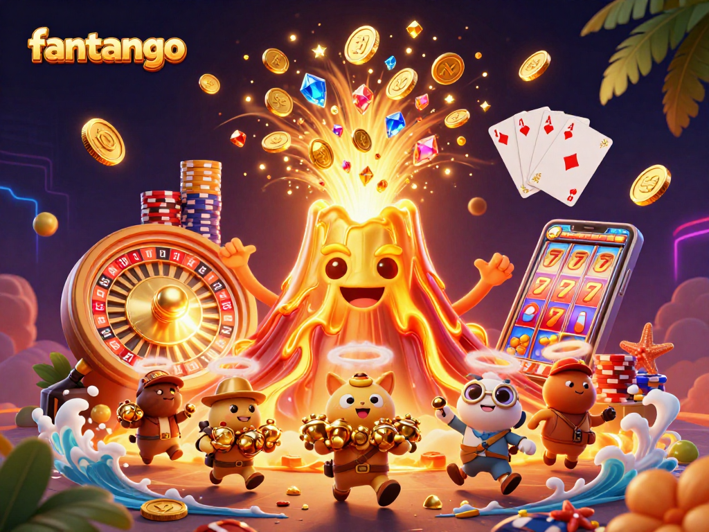 Join the excitement of fantango as gold coins and treasures burst from a volcano in this vibrant casino scene.