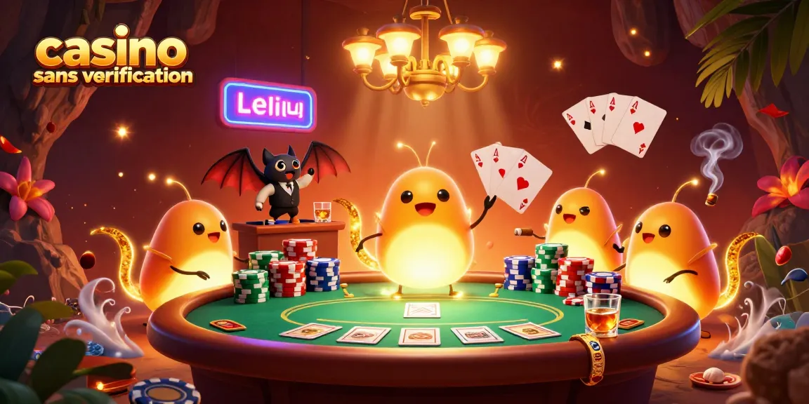 Jouer au casino sans vérification avec des lumières scintillantes et des éléments de poker colorés.