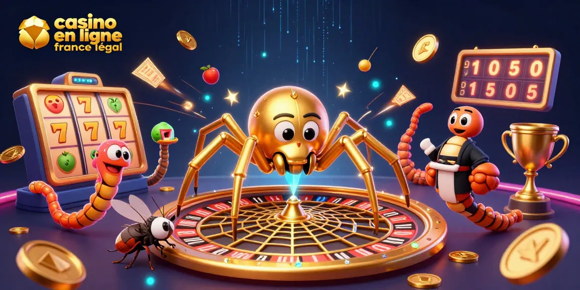 Casino en ligne France légal avec une araignée dorée et une ambiance de roulette trépidante.