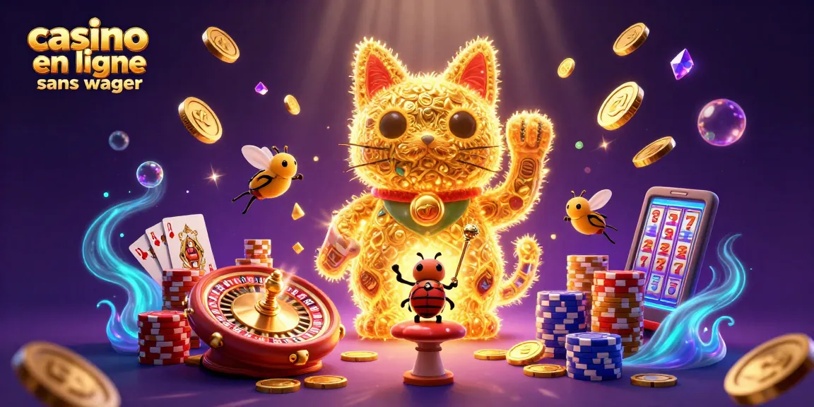 Jeu de casino en ligne sans wager avec un chat porte-bonheur formé de lucioles dorées.