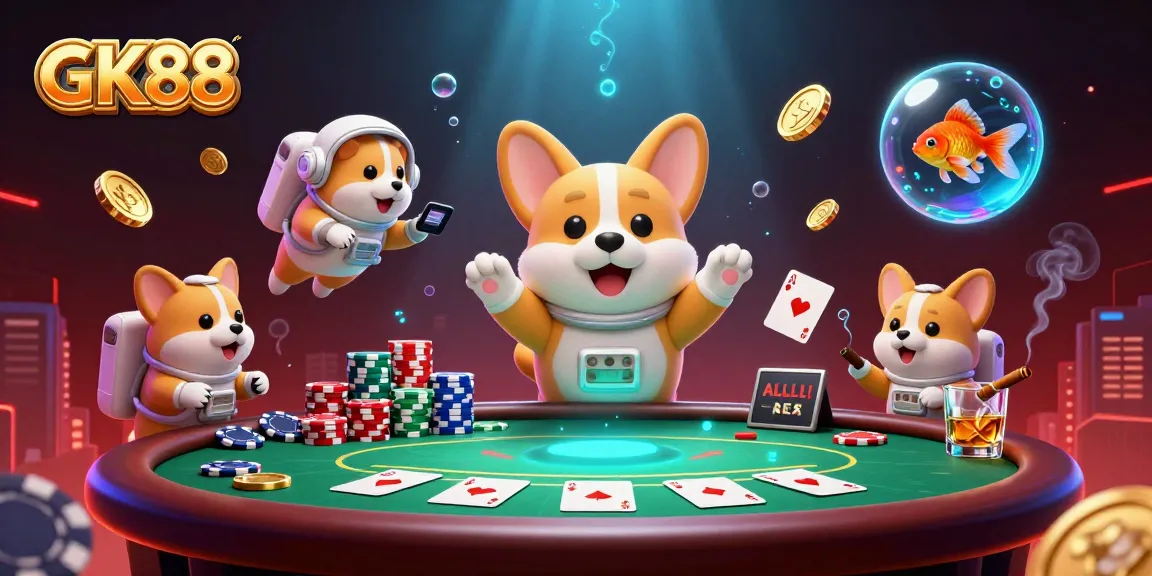 GK88 casino scene featuring a corgi and hamster in space, poker chips floating around
