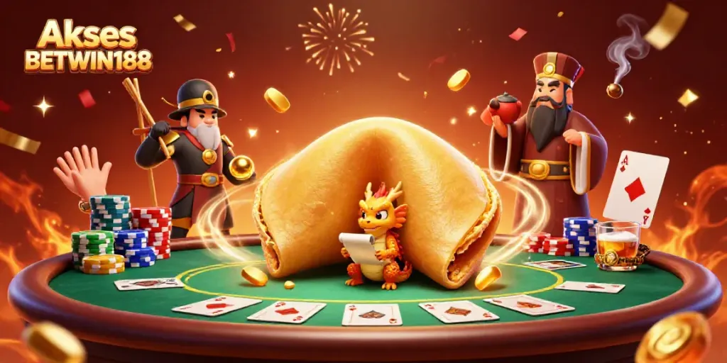 Akses BETWIN188 dengan ilustrasi detail tinggi, menampilkan karakter kasino menggembirakan yang dikelilingi chip poker dan kartu.