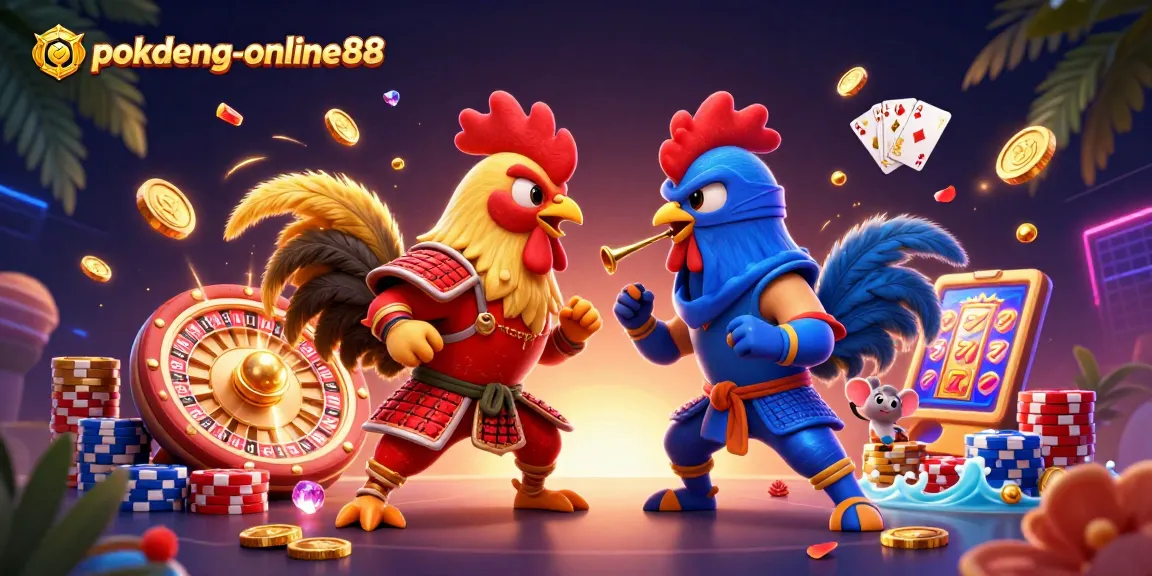 Engage with the thrilling world of pokdeng-online88 as cartoon roosters clash in a casino showdown.