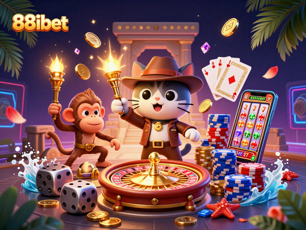 Experience thrilling gaming at 88ibet with ancient treasures and vibrant casino elements in a rich 3D illustration.