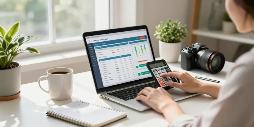 Calculator online used for budgeting in a bright home office with plants and coffee.