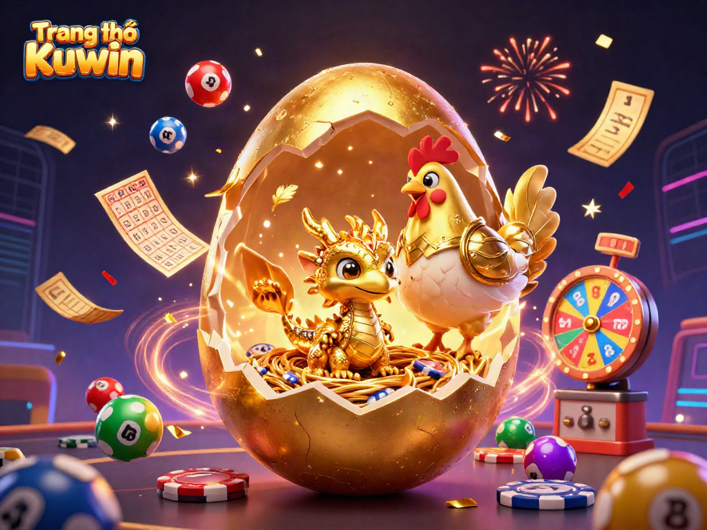Engage with Trang chủ Kuwin's vibrant 3D casino illustration featuring a golden dragon and dynamic gaming elements.