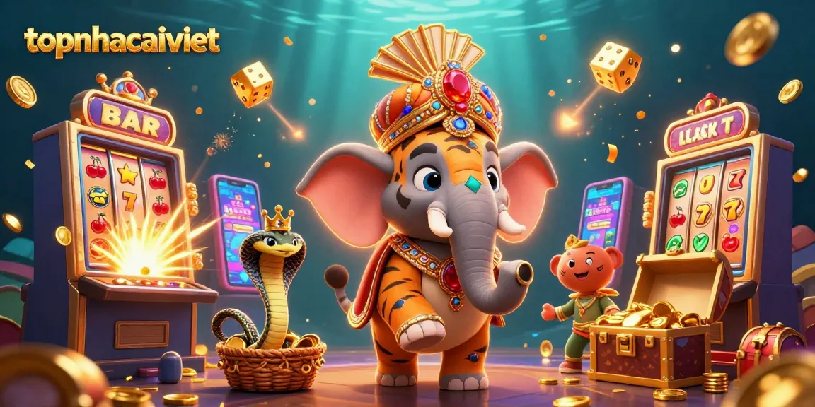 Experience excitement with topnhacaiviet's rich online casino atmosphere featuring vibrant characters and game elements.