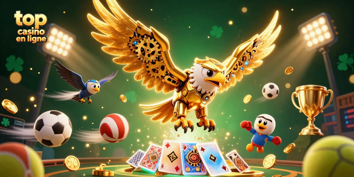 Visuel captivant de top casino en ligne avec des éléments de jeux et un aigle cybernétique en pleine action