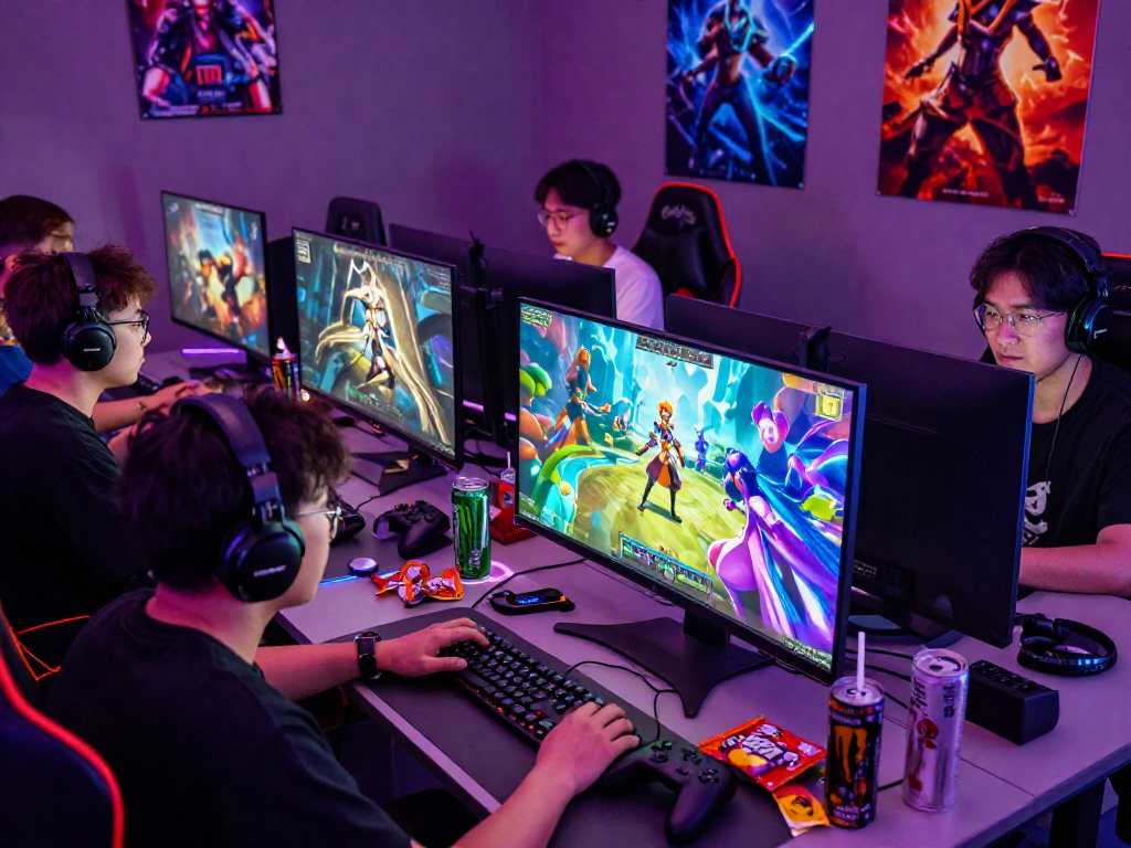 Engaged players enjoying xxx games in a colorful gaming setup.