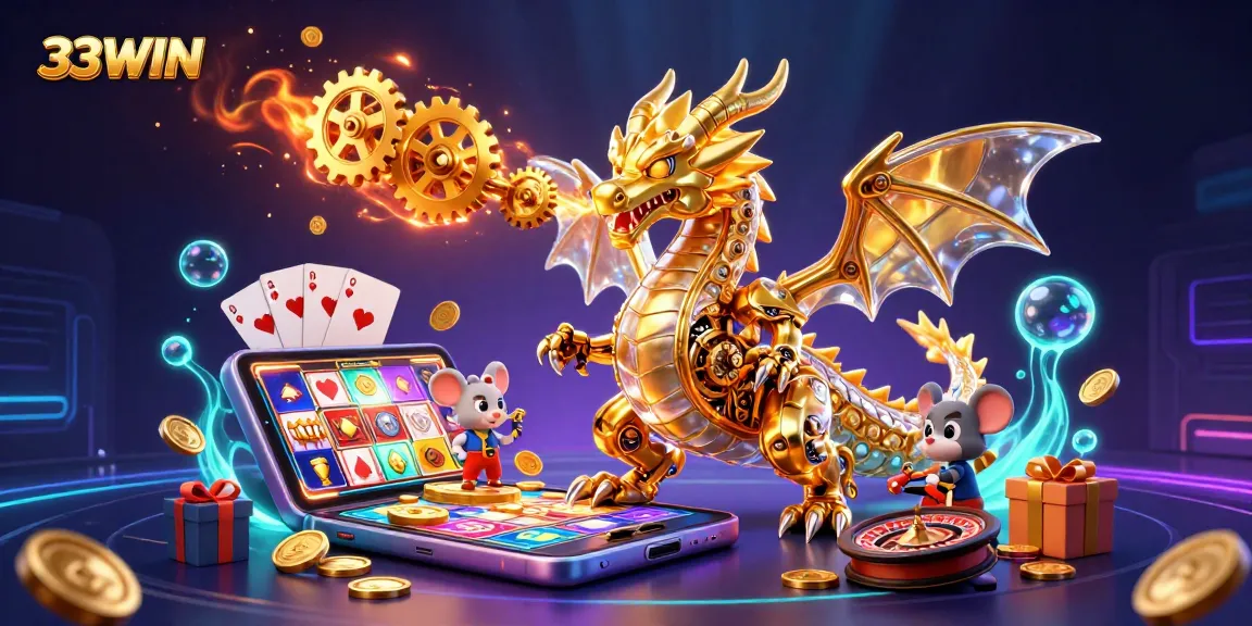 Engage in thrilling gameplay with the 33WIN golden dragon and dynamic casino elements.