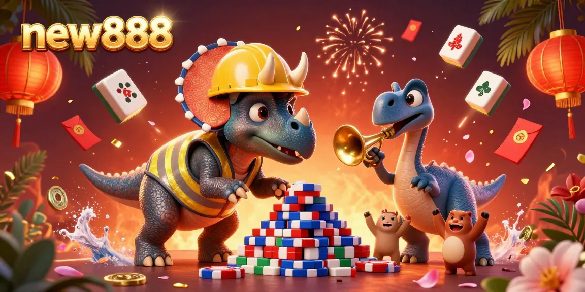 Join the excitement of new888 with a vivid 3D triceratops building poker chip towers celebrating gambling wins in a casino.