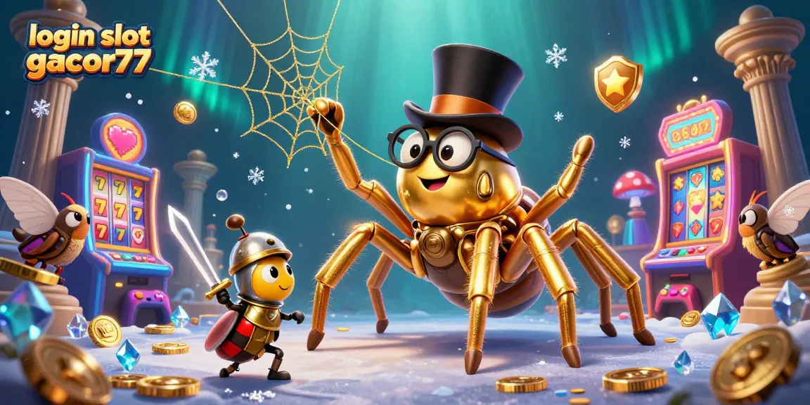 Spin big with vibrant slot games on login slot gacor77, featuring golden tarantula and allies.
