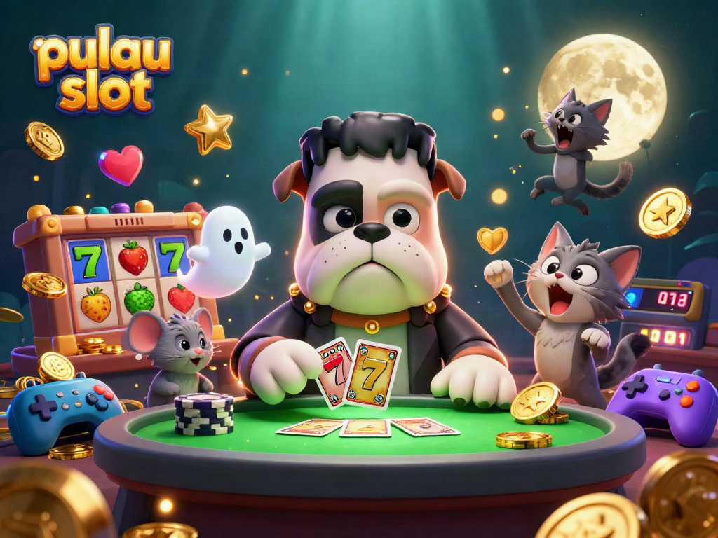 Experience pulau slot with vibrant characters and colorful slot elements in a thrilling casino scene.