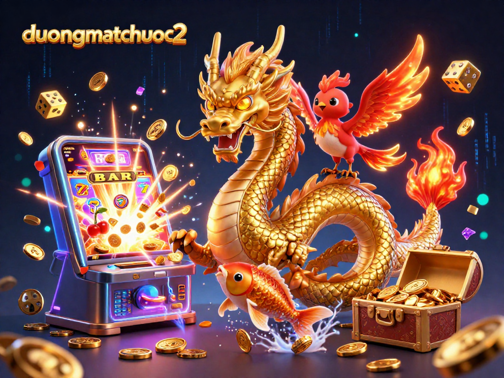 Engage with duongmatchuoc2 in a vibrant casino scene featuring a golden dragon and phoenix amidst flowing coins.