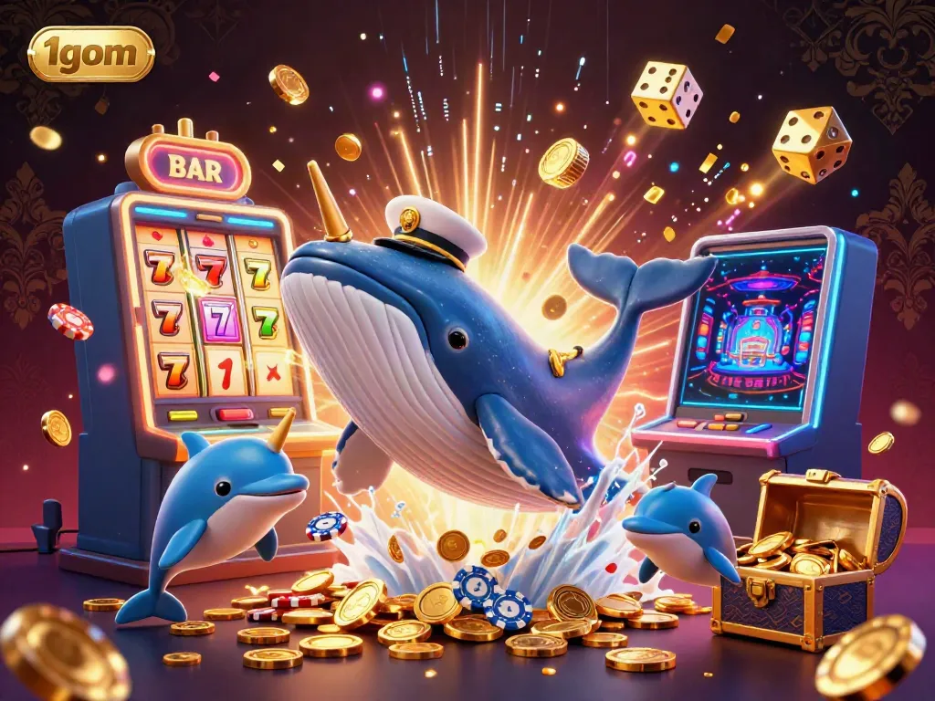 Experience the excitement of 1gom's casino world with a lively scene of cartoon characters and dynamic gaming elements.