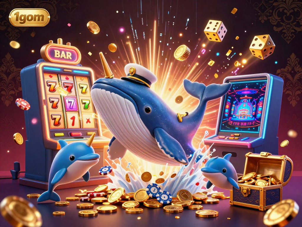 Experience the excitement of 1gom's casino world with a lively scene of cartoon characters and dynamic gaming elements.