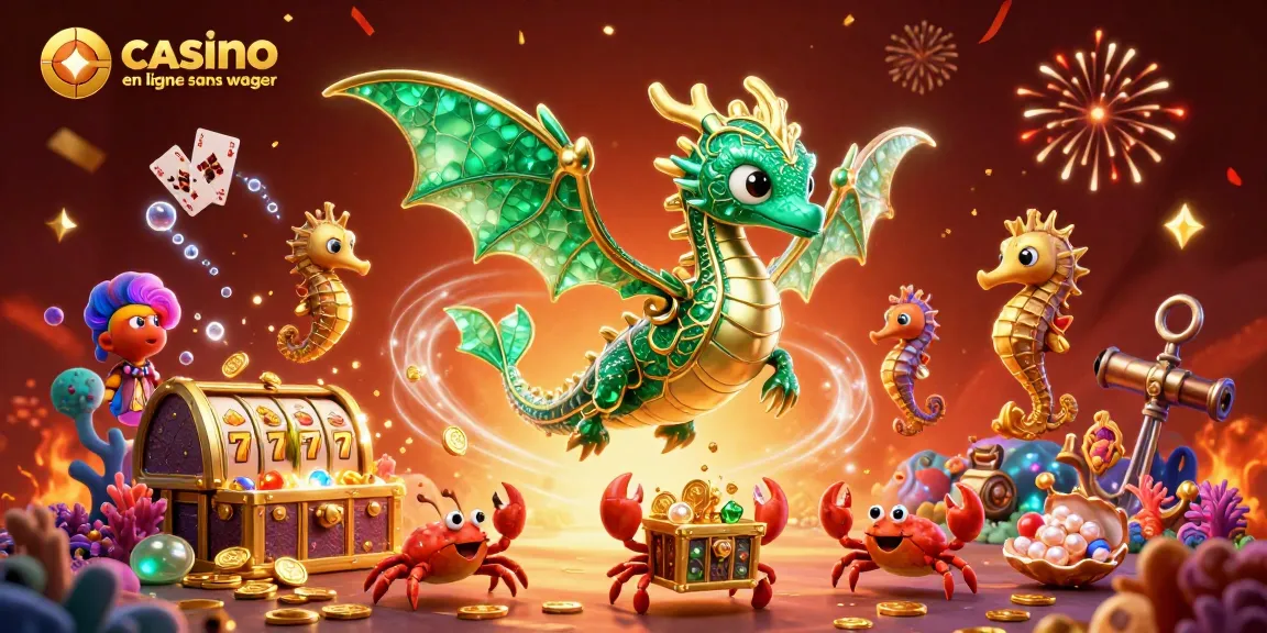Cartes flottantes et dragon marin dans un casino en ligne sans wager vibrant et coloré.