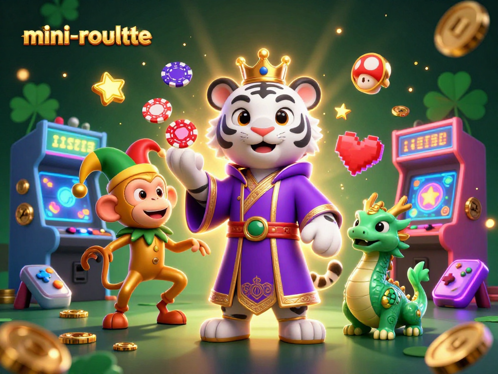 Engage with mini-roulette as a playful monkey juggles chips, surrounded by vivid casino elements.