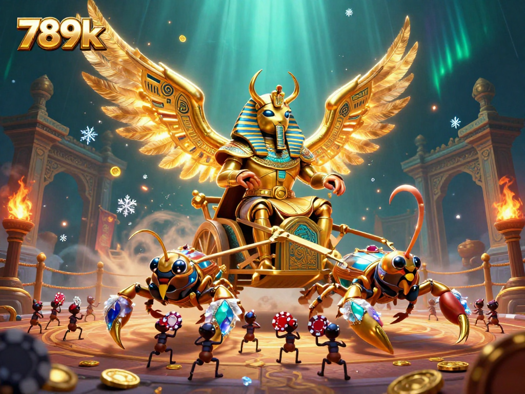 Engage with thrilling 789k casino vibes in this vibrant 3D illustration of a scarab and scorpions.