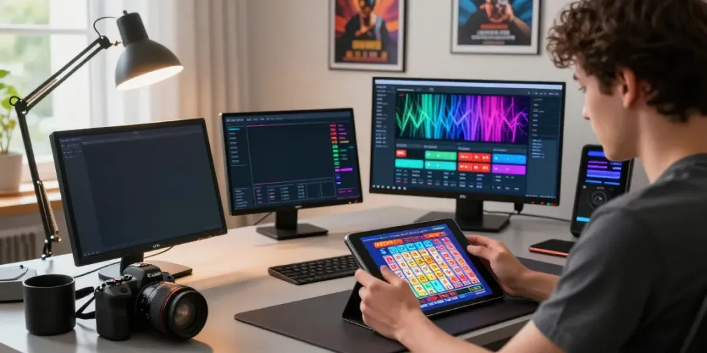 Player analyzing togel online data in a modern office setting