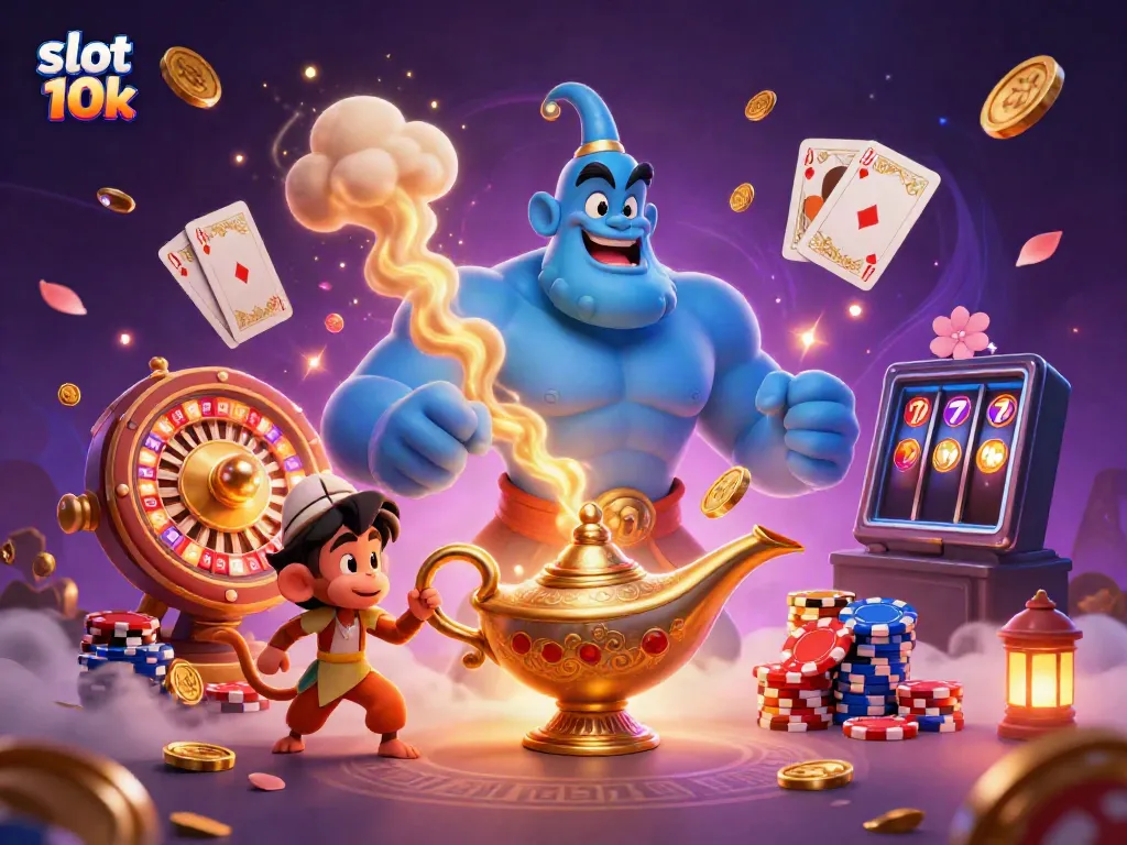 Experience the thrills of the slot 10k game, featuring vibrant characters, golden coins, and dazzling gems.