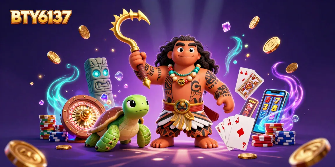 BTY6137 showcases a dynamic casino scene with a demigod hawk and turtle, vibrant gaming elements around.