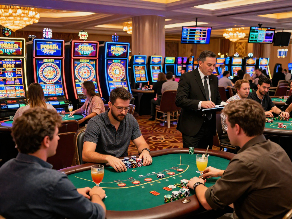 Exciting gaming experience at a non-UK casino showcased on https://ghsc.co.uk with vibrant players at slot machines and tables.