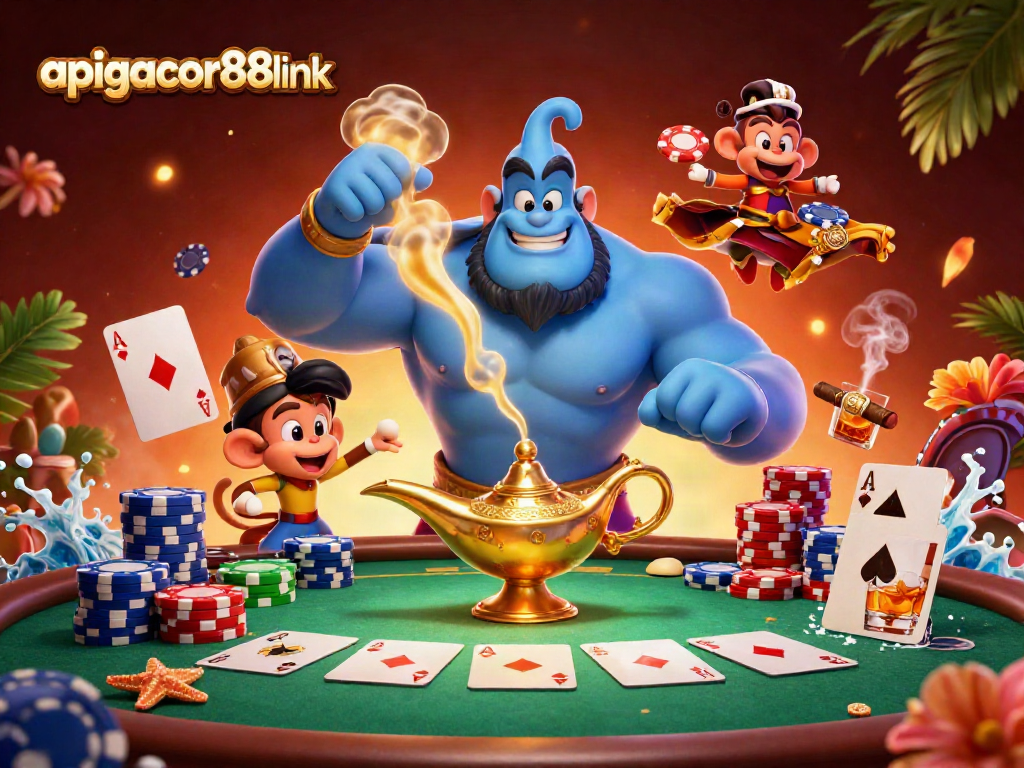 Engage with thrilling gameplay at apigacor88link with a vibrant casino scene of poker chips and characters.