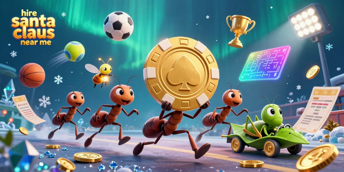 Experience a thrilling scene where ants carry a giant poker chip while hiring Santa Claus near me in an action-packed environment.